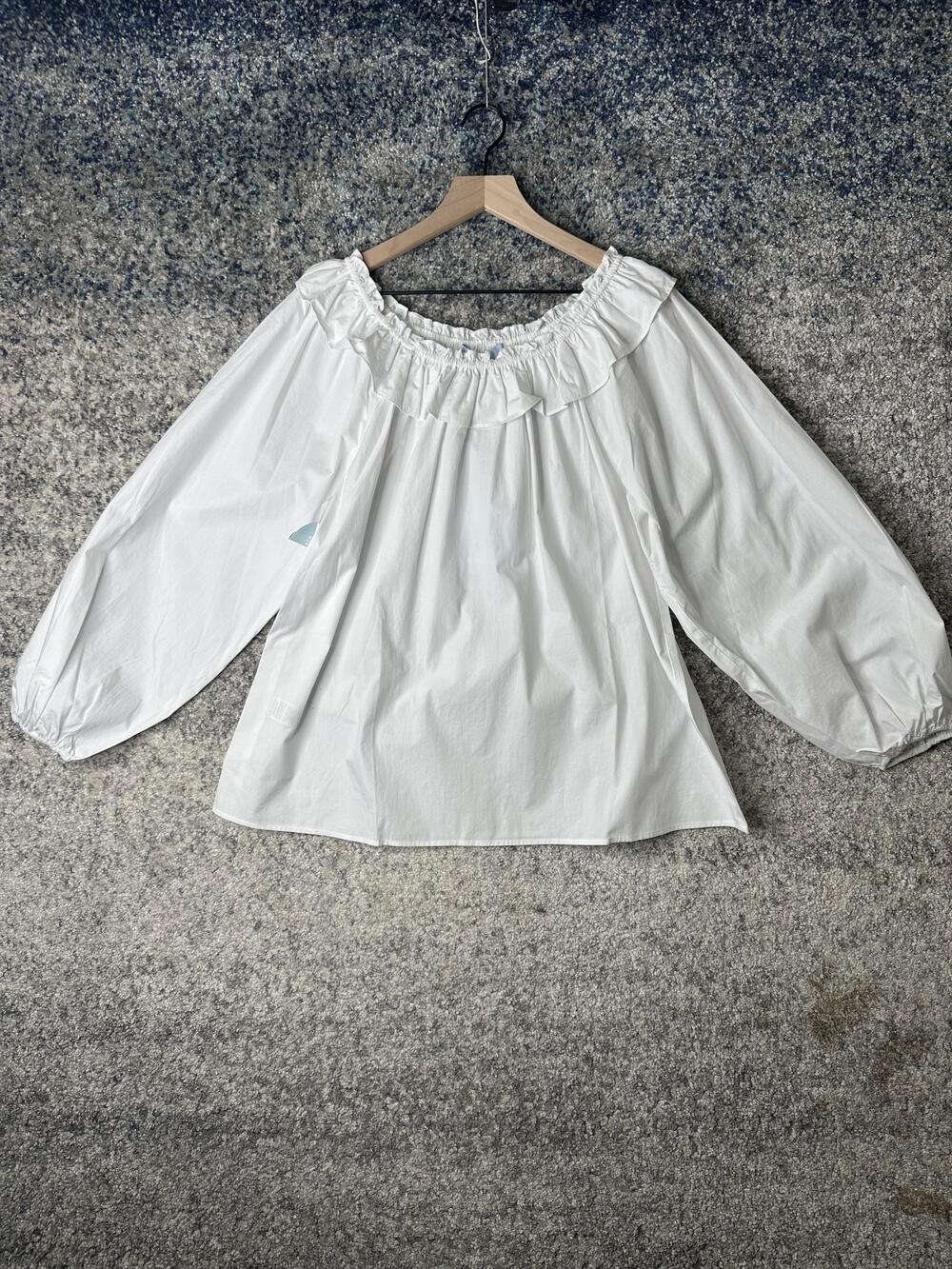 Hill House Shirt Womens Large White The Ellie Top Ruffle Neck Puff Sleeve Blouse